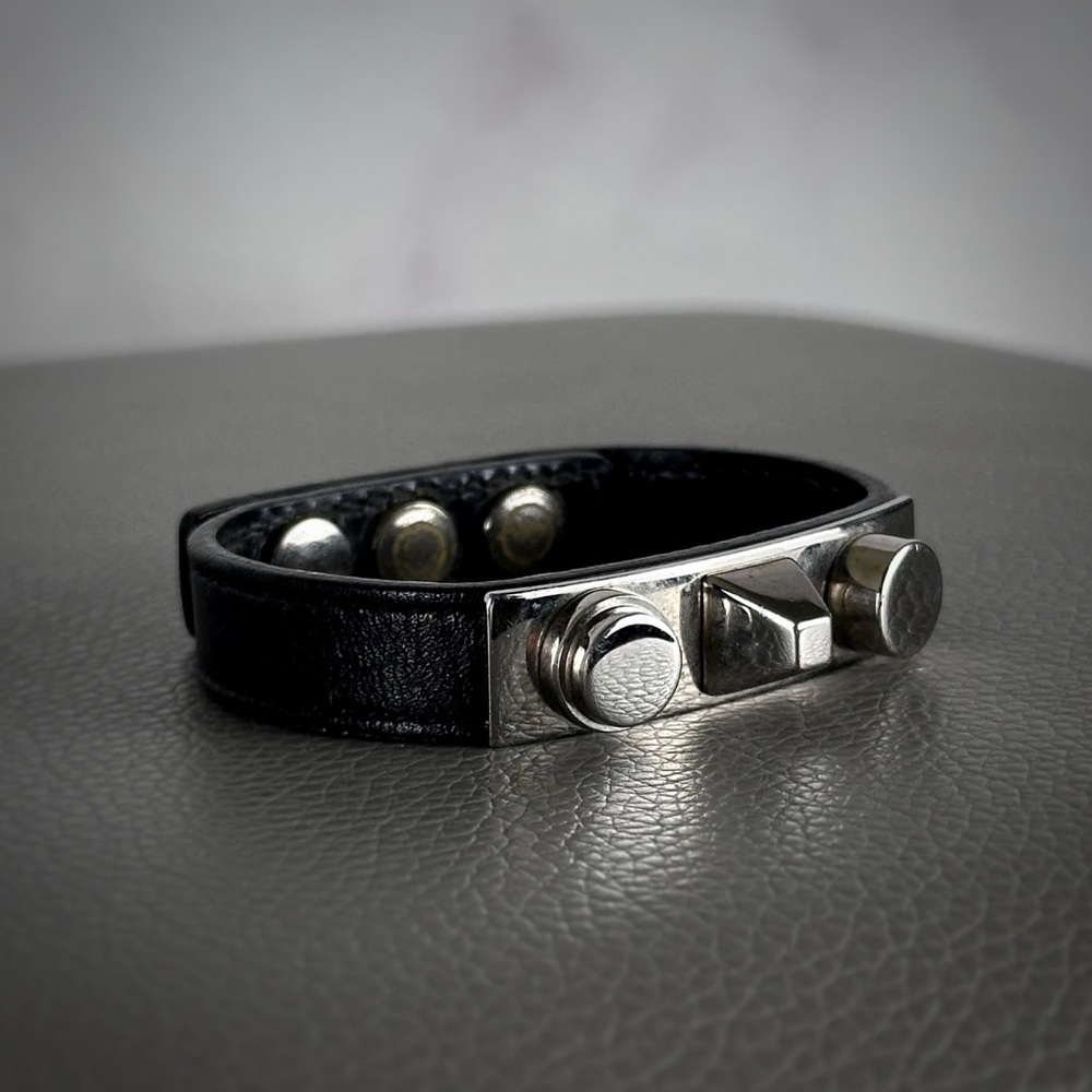 Saint Laurent Paris Cuff Bracelet Black Leather Le Trois Clous 8” Designer Hedi